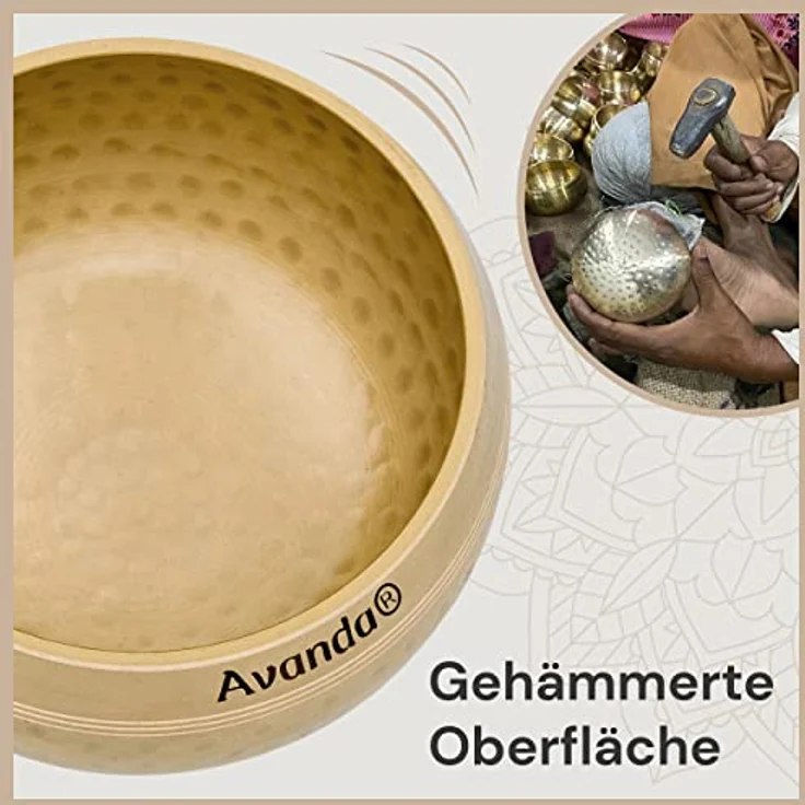 Avanda Tibetisches Klangschale-Set, gehämmerte Klangschale Ø 10 cm, inkl. Doppel-Schlägel aus Filz und Leder, Ring-Kissen, Beutel und Anleitung für Yoga und Meditation – Bild 3