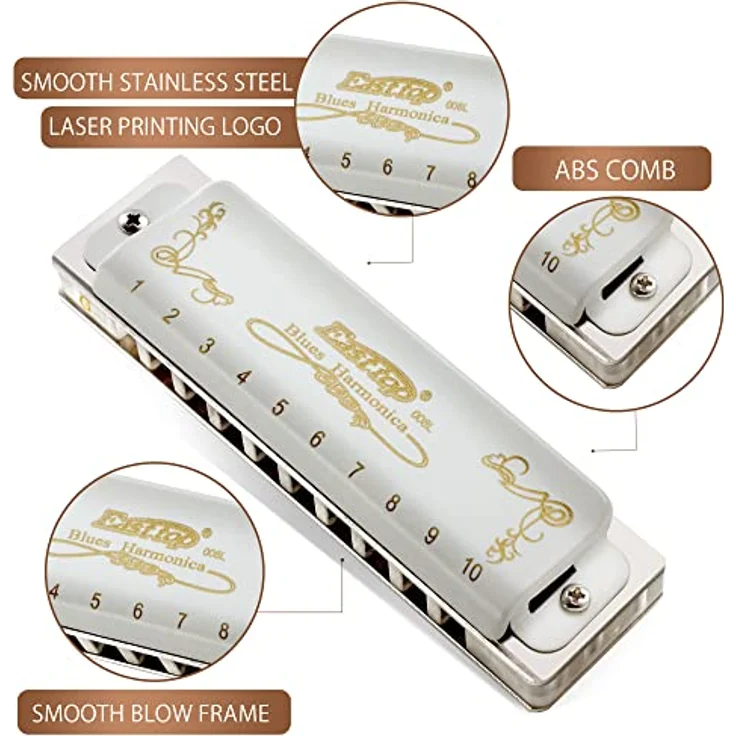 East top T008L Diatonische Blues Harmonica, Mundharmonika in G-Key, 10 Löcher, geeignet für Profis & Anfänger, ideales Geschenk, weißer Messingdeckel, tragbar. – Bild 2