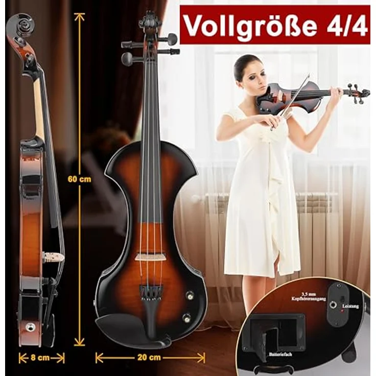 Pyle Elektrische Geige 4/4, E Violine mit Zubehör, inkl. Koffer, Tuner & Verstärker in Sunburst-Optik – Bild 3