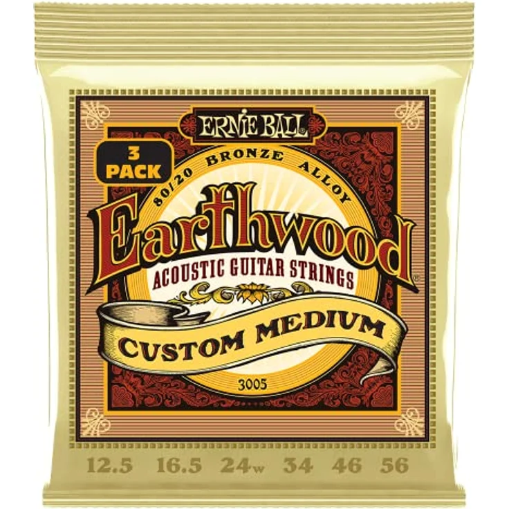 Ernie Ball Earthwood Custom Medium 80/20 Bronze Akustik-Gitarrensaiten, 3er-Pack, Stärke 12.5-56 mit ausgewogenem Klang und hervorragender Projektion – Bild 1