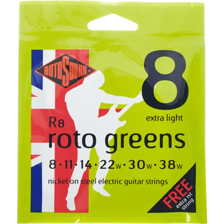 Rotosound Roto Greens R8, Gitarrensaiten für E-Gitarre, vernickelte Stahlsaite, Hexagonaler Saitenkern, X-Light (.008" - .038") mit kostenloser zusätzlicher E1-Saite