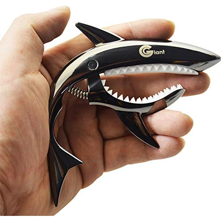 MINGZE Shark Kapodaster, Zinklegierung für Akustikgitarre & E-Gitarre, mit weicher Haifisch-Design Auflage, schwarz – Bild 4