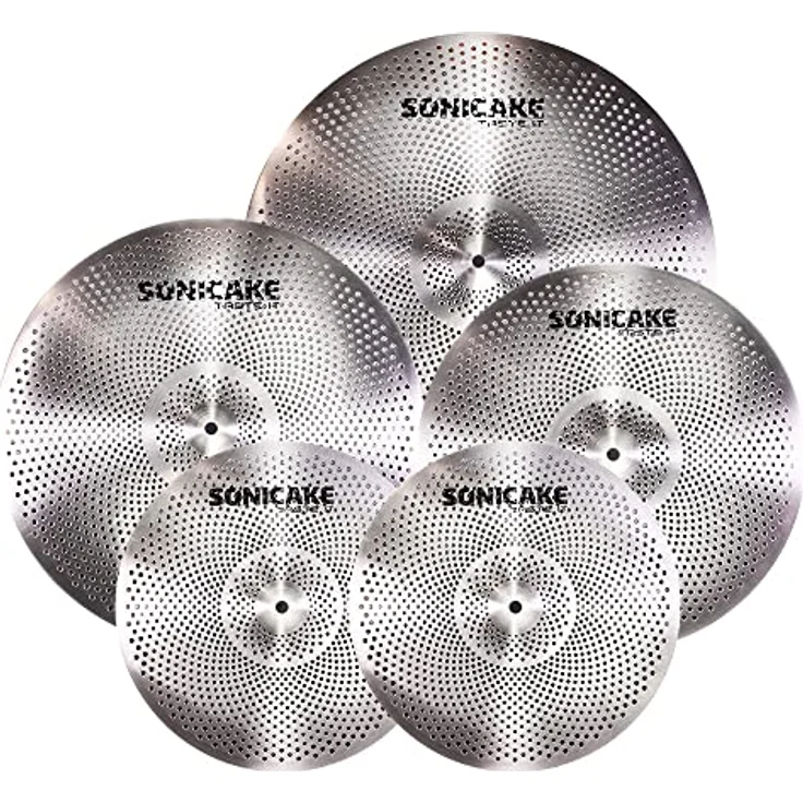 SONICAKE Cymbal Set, 14" HiHat + 16" Crash + 18" Crash + 20" Ride, leises Schlagzeugbecken-Set, silber, 5 Stück – Bild 1