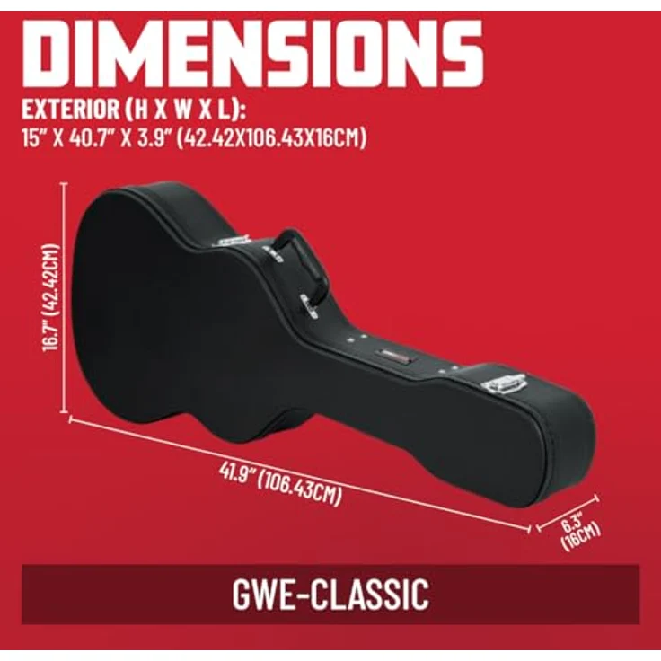 Gator GWE-Classic, Gitarrenkoffer für 4/4 Konzertgitarre, abschließbar, aus Sperrholz, schwarzer Tolex, mit schwarzem Plüschfutter, ergonomischem Tragegriff, Innenfach, Farbe: Schwarz – Bild 5