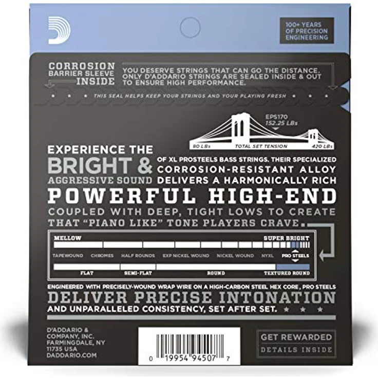 D'Addario EPS170 E-Bass Gitarrensaiten, Saitensatz 0,045 - 0,100 Zoll, XL ProSteels Round Wound – Bild 2