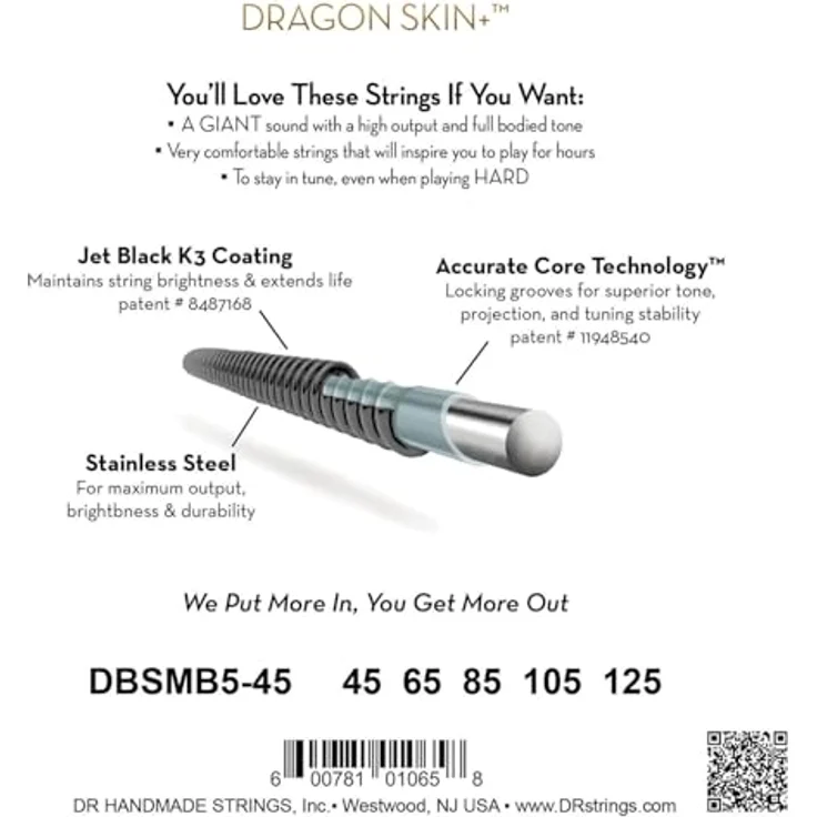 DR Strings Black Dragon DBSMB5-45 Coated, 5-saitiger Tapered Multi-Scale Gitarrensaitensatz aus rostfreiem Stahl mit mikro-dünner Coating, Medium Gauges 45-125 – Bild 2