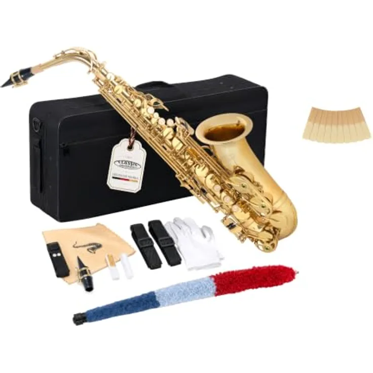 Classic Cantabile AS-450 Eb-Altsaxophon Set, Messing, klarlackiert, mit Hoch-Fis-Klappe und ergonomischer Klappenmechanik, inkl. Leichtkoffer und 10 Blätter Stärke 2,5