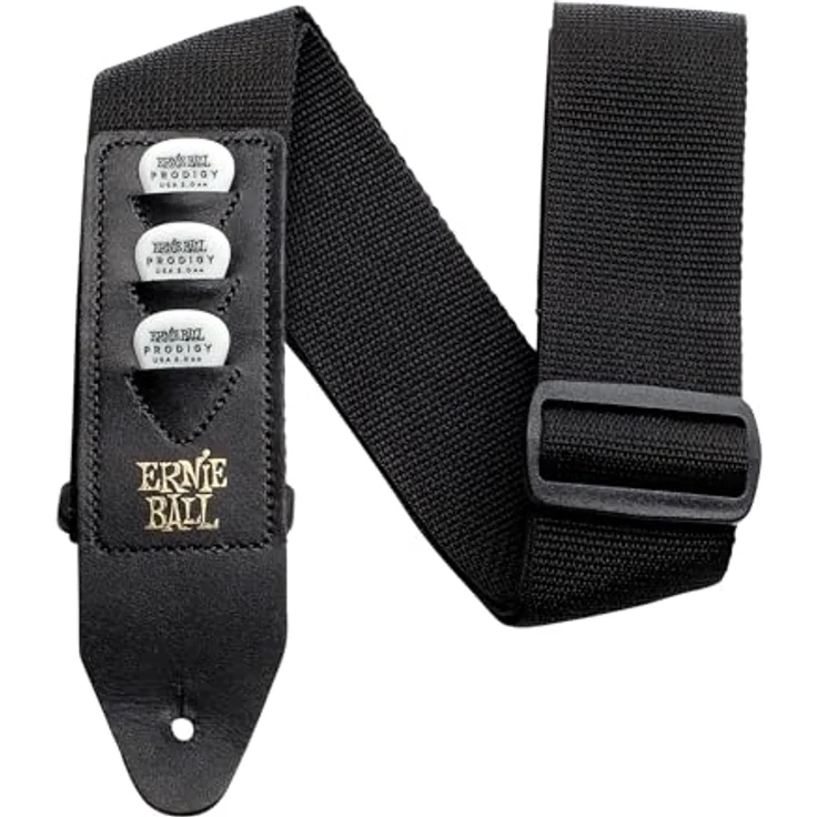 Ernie Ball E-Guitar Strap Pickholder, Gitarrengurt mit hochwertigem Lederendstück, für bis zu 3 Picks, schwarz, extra lang (104-182 cm) – Bild 2