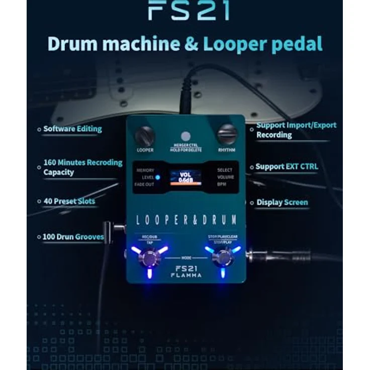 Flamma FS21 Looper/Drum Machine, 44.1kHz 24bit, 4 Minuten Aufnahmezeit pro Spur, 40 Preset-Slots, 100 Drum-Grooves, USB-Import/Export – Bild 4