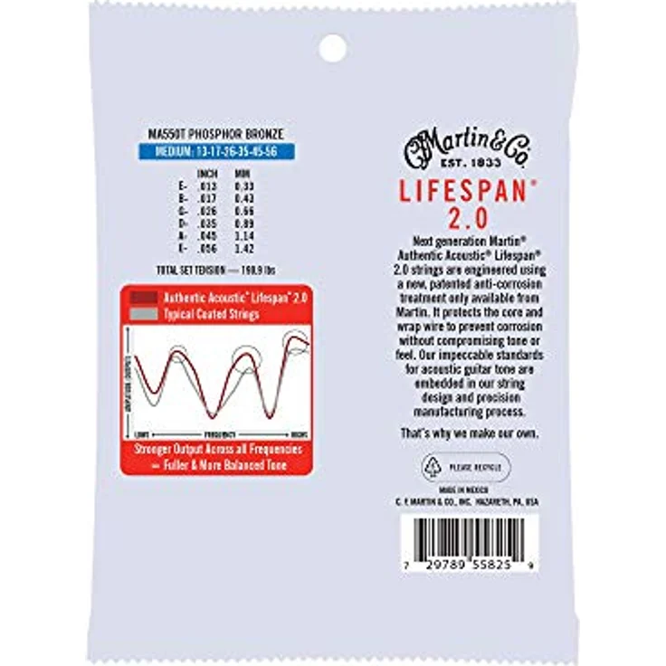 Martin MA550T, Akustikgitarrensaiten Lifespan 2.0 Medium 13-56, 98/2 Phosphor Bronze mit hoher Flexibilität und Klangvielfalt – Bild 2