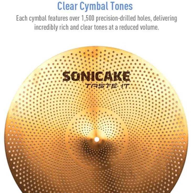 SONICAKE Cymbal Set, 14" HiHat + 16" Crash + 18" Crash + 20" Ride, leise, goldene Oberfläche, inkl. Beckentasche und Zubehör, 5 Teile – Bild 5