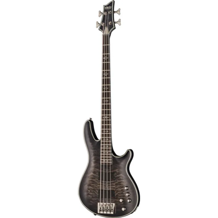 Schecter Hellraiser Extreme 4 STBLS, E-Bass 4-saitig mit Mahagoni Korpus, Quilt Ahorn Decke, Ebenholz Griffbrett, see-thru black satin