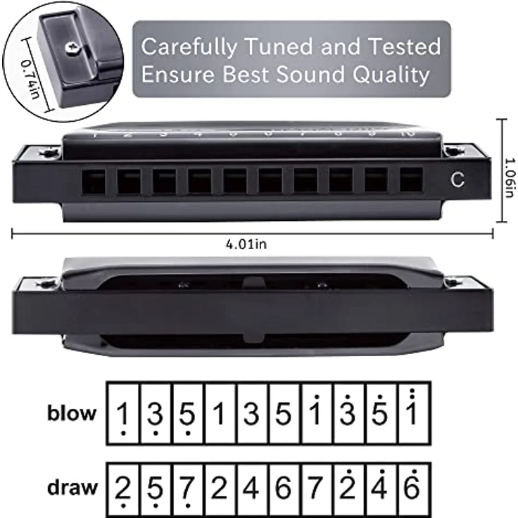East top 10-Loch Happy Mundharmonika, Tonart C, mit gebogenem Edelstahldeckel, handgefertigt, schwarz, ideal für Anfänger und Profis, inklusive Geschenkverpackung und Koffer – Bild 5