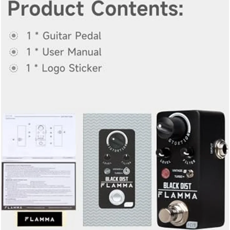 Flamma FC19 Black Distortion, Kompaktes analoges Distortion Pedal für Gitarre und Bass mit Vintage/Turbo Schalter, schwarz – Bild 7