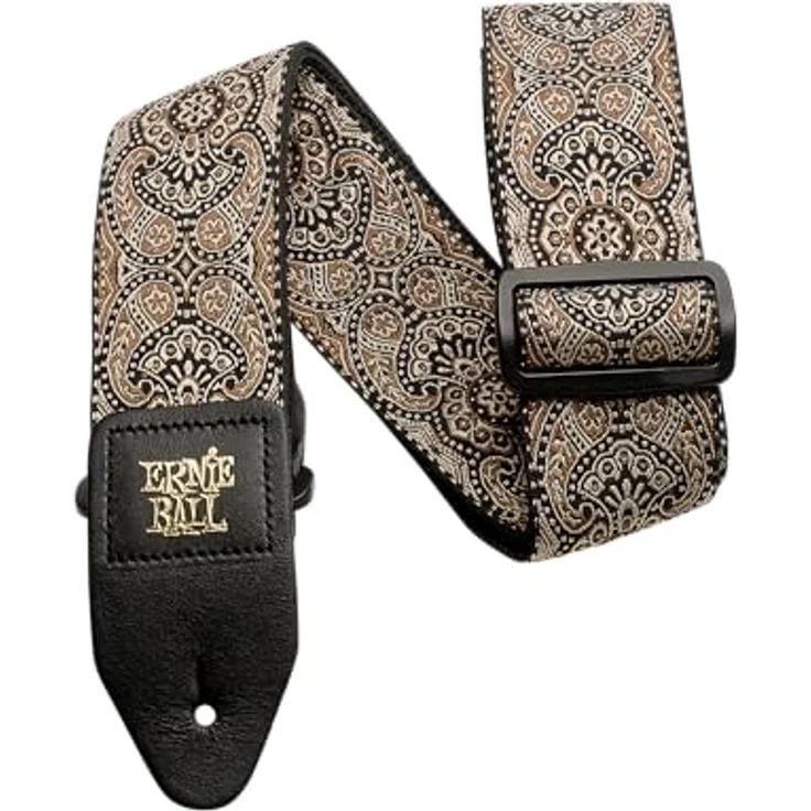 Ernie Ball E-Guitar Strap 4163, Gitarrengurt aus stabilen Polypropylen mit Leder-Enden, Gold & Black Paisley, extra lang 104-182 cm – Bild 2