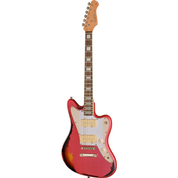Harley Benton JA-60HA Candy Apple over Sunburst, E-Gitarre mit Korpus aus amerikanischer Erle, vintage karamellisiertem Ahornhals, Alnico 5 Single Coil Tonabnehmer