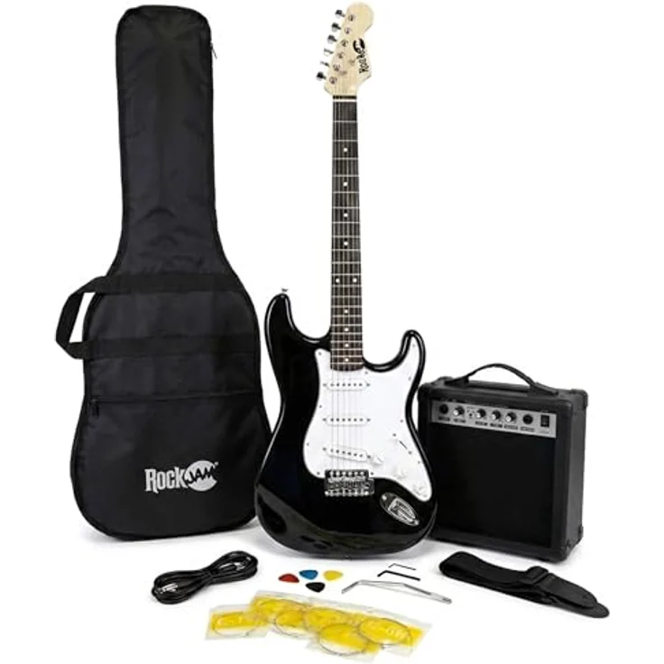 RockJam Full Size Electric Guitar Kit, E-Gitarre mit 10-Watt Verstärker, Lessons, Gurt, Gig Bag, Picks, Whammy, schwarze Farbe – Bild 1