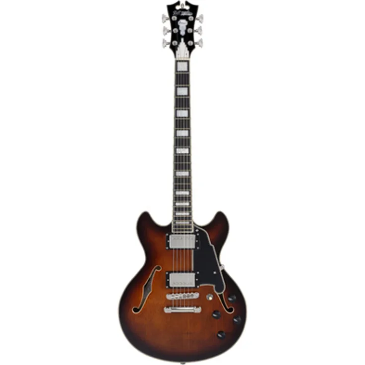 DAngelico Premier Mini DC Brown Burst, Semi Hollow Body E-Gitarre mit Alnico V Humbuckern, 629mm Mensur, Farbe Brown Burst