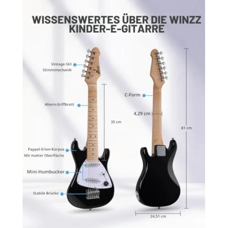 Winzz 30-Zoll E-Gitarren-Einsteiger-Set für Kinder, Junior-E-Gitarre in 1/4-Größe, komplettes Starter-Set mit Verstärker, glänzende schwarze Farbe, inkl. Zubehör und tragbarem Design – Bild 5