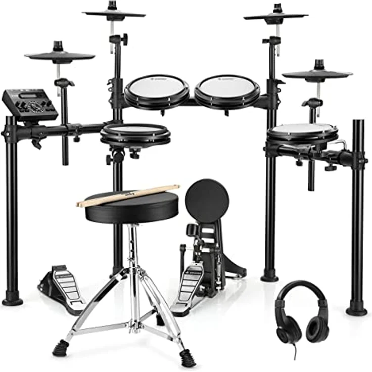 Donner DED-200 Electric Drum Set, 8-teiliges E-Drum Kit mit Dual-Zone-Mesh-Head, 450 Sounds, Drum Throne, Kopfhörer und Audio-Kabel, schwarz – Bild 1