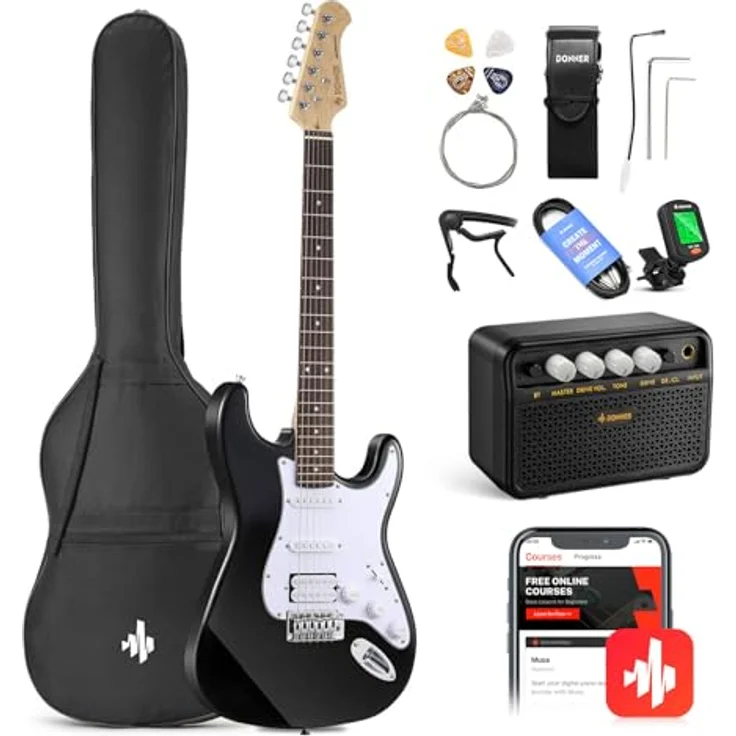 Donner ST E-Gitarre Set, 39 Zoll mit S-S-H Pickups, Verstärker, Tasche, Gurt und Zubehör, Schwarz – Bild 1