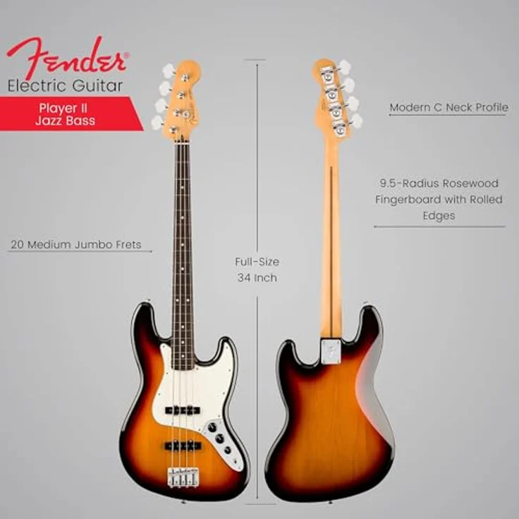 Fender Player II Jazz Bass RW, 4-Saiter E-Bass in 3-Color Sunburst mit hochwertiger Verarbeitung – Bild 3