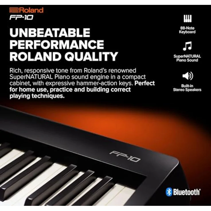 Roland FP-10 Tragbares Digital Piano Keyboard mit 88 Tasten, SuperNATURAL Klangerzeugung, Bluetooth und keepdrum Kopfhörer, schwarz – Bild 3