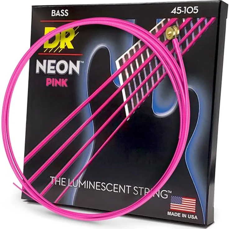 DR Strings Neon Pink NPB-45, E-Bass Saiten Satz aus nickelbeschichtetem Stahl, Neon Pink, Stärken 045-065-085