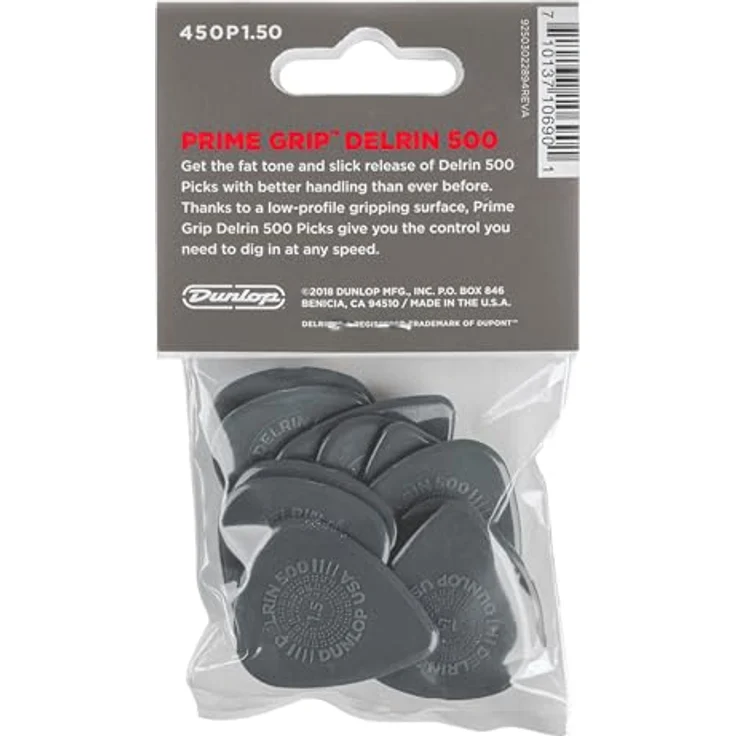 Dunlop Prime Grip Delrin 500 1.50, Plektren Spieler-Pack mit 12 Stück, graue Farbe, 1,50 mm Stärke, Low-Profile Grip – Bild 2