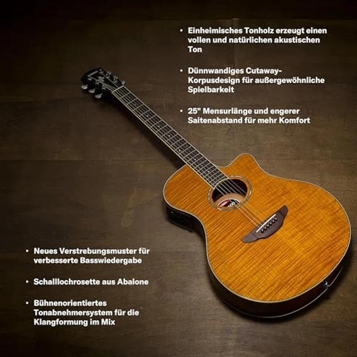 YAMAHA APX600FM Elektroakustik-Gitarre, Geflammte Ahorn-Decke, Thinline-Korpus, 25" Mensur, System65 Tonabnehmer mit EQ, Integriertes Stimmgerät, Amber – Bild 4
