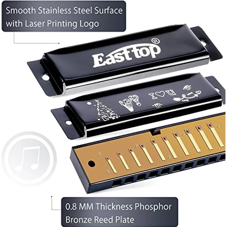 East top 10-Loch Happy Mundharmonika, Tonart C, mit gebogenem Edelstahldeckel, handgefertigt, schwarz, ideal für Anfänger und Profis, inklusive Geschenkverpackung und Koffer – Bild 4