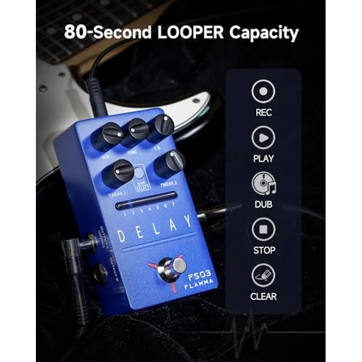 Flamma FS03 Delay, Delay-Pedal mit 6 Stereo-Delay-Effekten, Tap-Tempo, 80s Looper und speicherbaren Presets – Bild 4