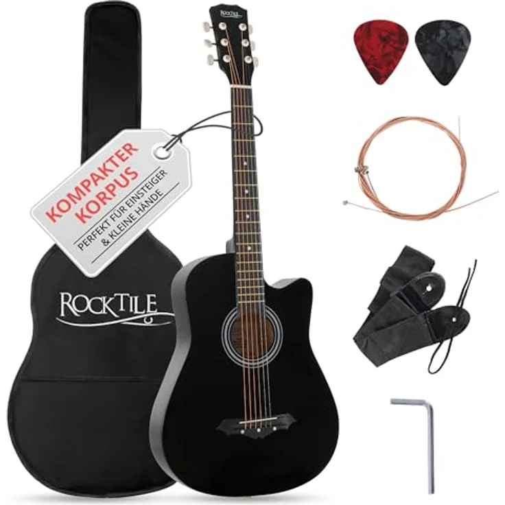 Rocktile WSD-5C-BK Slim Line Westerngitarre, Dreadnought Akustik Gitarre mit Linde Korpus, Catalpa Hals, inkl. Tasche, Ersatzsaiten, Gurt und Plektren, Schwarz – Bild 1