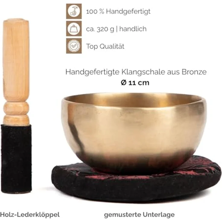 Bodhi Tibetische Klangschale Ø 11 cm, Handgefertigtes Set mit Kissen & Klöppel, Bronze in Gold/Holzfarben, Ideal für Meditation und als spirituelles Geschenk – Bild 3