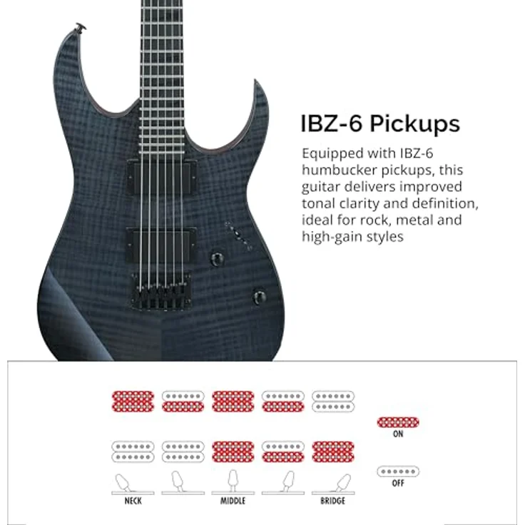 Ibanez GRGR221FA-TDK, E-Gitarre mit Okoume Korpus, geflammter Ahorn Optik, geröstetem Ahorn Hals, Purpleheart Griffbrett, 2x IBZ 6 Humbucker, Transparent Indigo Black – Bild 7