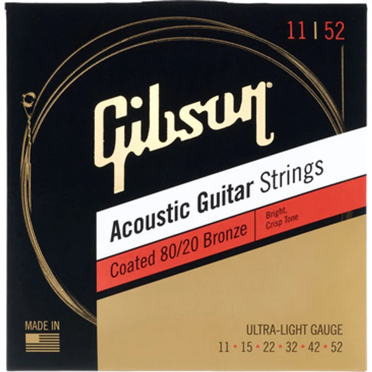 Gibson Coated 80/20 Bronze Ult.Light, Akustik-Gitarrensaiten Satz, Ultra-Light, Round Wound, Stärken: .011 bis .052, Made in USA