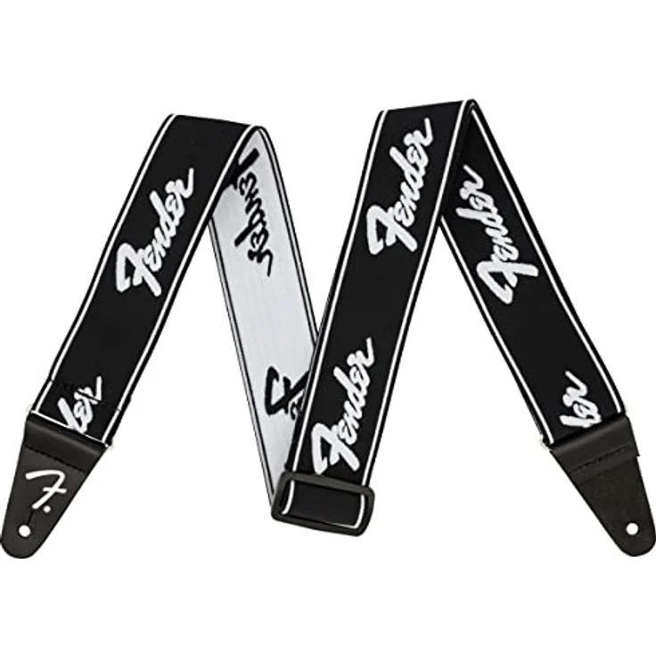 Fender Running Logo Strap BW, Gitarrengurt aus Polyester mit Lederenden, einstellbar 111,70 cm - 133,30 cm, schwarz/weiß, Made in Kanada – Bild 1