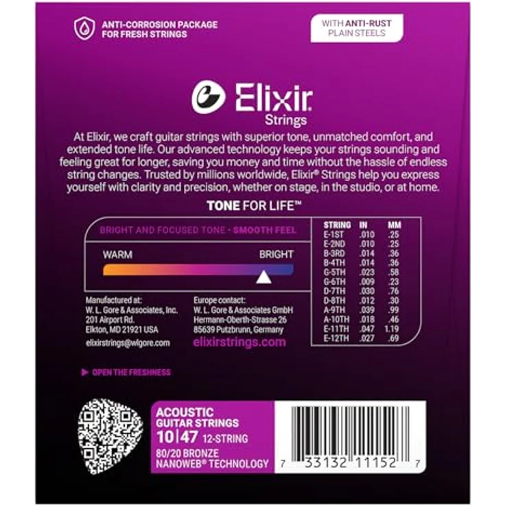 Elixir Nanoweb Light 12-String Akustik Gitarrensaiten, 80/20 Bronze, 010-047 – Bild 2