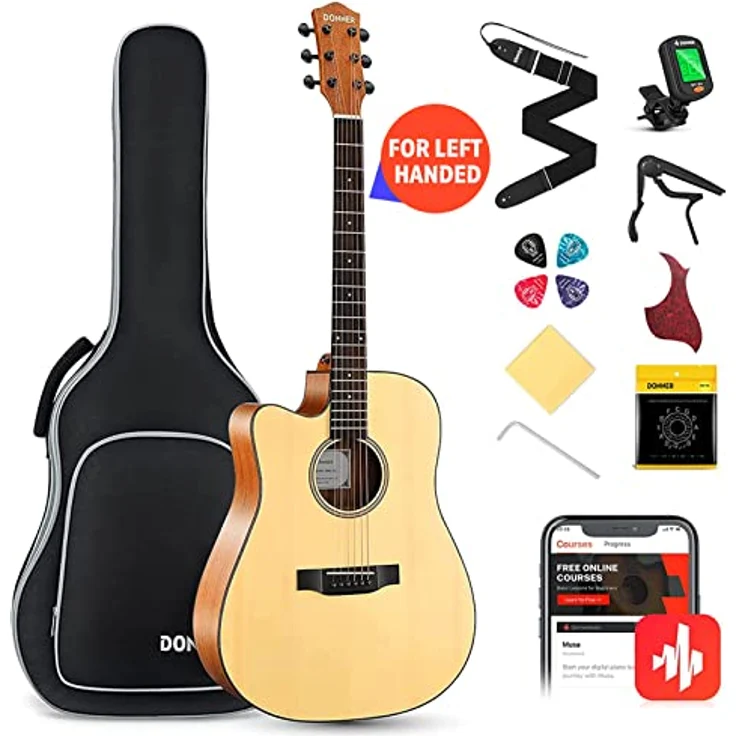 Donner Linkshänder Akustikgitarre 4/4 Set, 41 Zoll Cutaway mit Fichtendecke, Mahagonikorpus, Gigbag, Capo und Plektren (Natur) – Bild 1