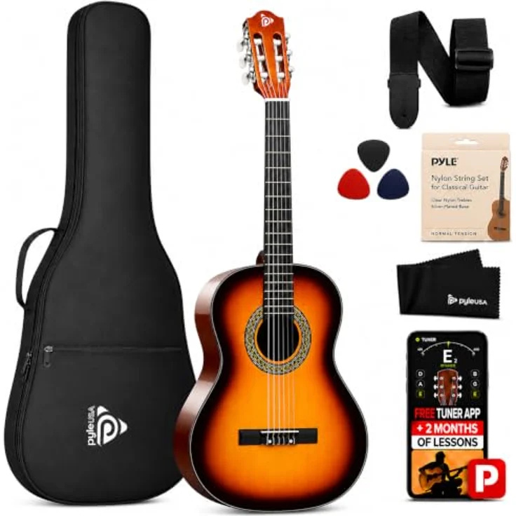 Pyle PGACLS82SUN.9 Akustikgitarre 6, 91.4 cm (36 Zoll), 3/4 Juniorgröße, Lindenholz, Sunburst, mit Gigbag, Stimmgerät, Nylonsaiten und Plektren für Anfänger – Bild 1