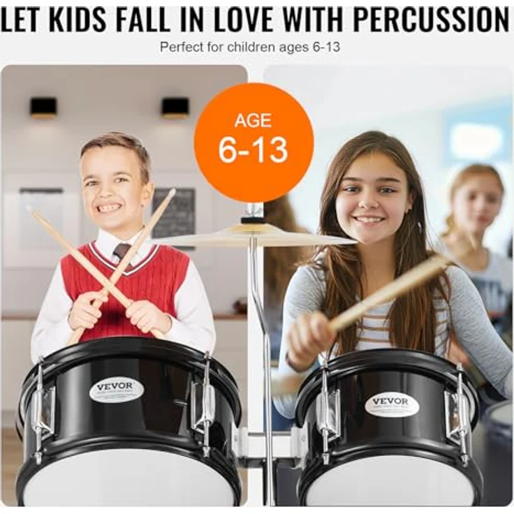 VEVOR 5-teiliges Schlagzeugset für Kinder, Anfänger-Schlagzeug mit Bass-Toms, Snare, Standtrommel, verstellbarem Thron und Hi-Hat-Pedal, schwarz – Bild 5
