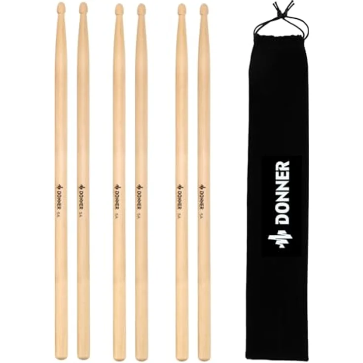 Donner 5A Drumsticks, klassisches Ahornholz, 3 Paar mit Tragetasche, korrosionsbeständig und umweltfreundlich – Bild 2