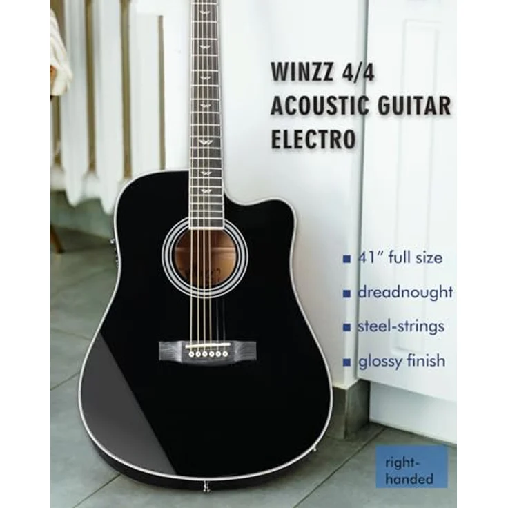 Winzz Elektro-Akustikgitarre Western 4/4, schwarz-glänzend, inkl. 11 Zubehörteilen für Anfänger und Kinder, rechtshändig – Bild 2
