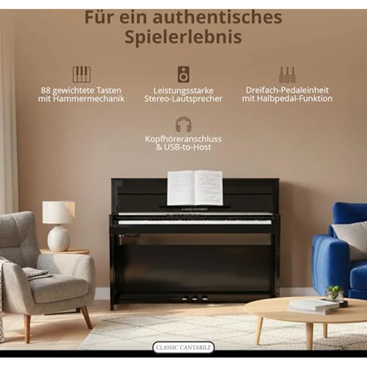 Classic Cantabile UP-1 Upright E-Piano, 88 gewichtete Tasten mit Graded Hammer Tastatur, 256 Polyphonie, OLED Display, USB MP3 Recorder, Schwarz matt – Bild 4