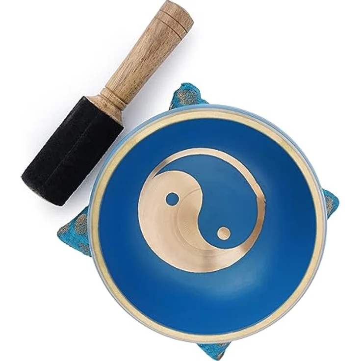 Ajuny Tibetische Klangschale Set, Handgefertigt in Blau Messing mit Kissen und Klöppel, Tai Chi Yin Yang Design, 4 Zoll / 10 cm für Meditation und Yoga – Bild 3