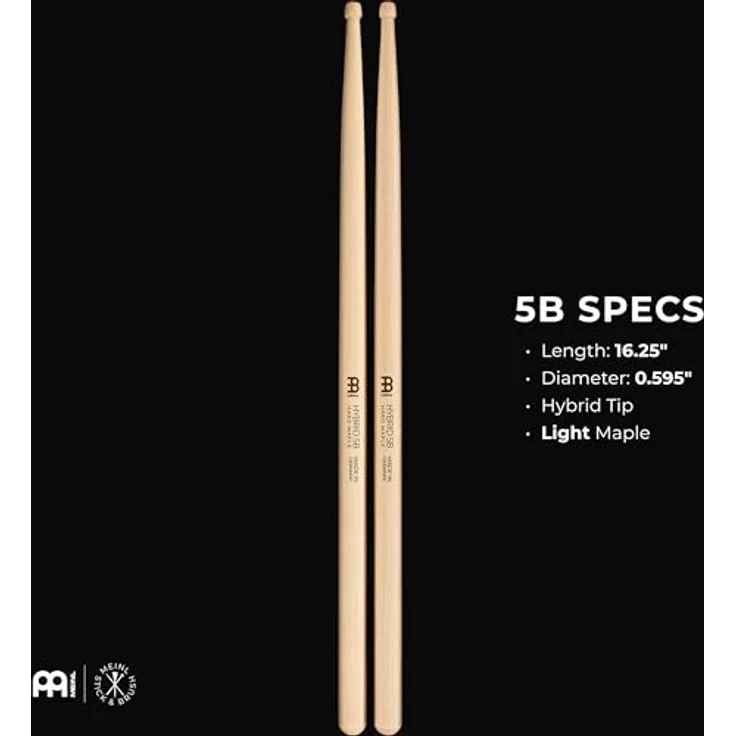 Meinl 5B Hybrid Maple Drumsticks, Hard Maple Holz, medium Gewicht, 413 mm Länge, eichel-/fassförmiger Holzkopf, made in Germany – Bild 3