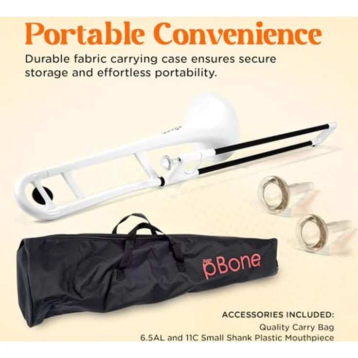 pBone music pBone White, Bb-Tenorposaune aus ABS-Kunststoff, leicht und ergonomisch, inklusive Mundstück und Gig Bag, Weiß – Bild 5