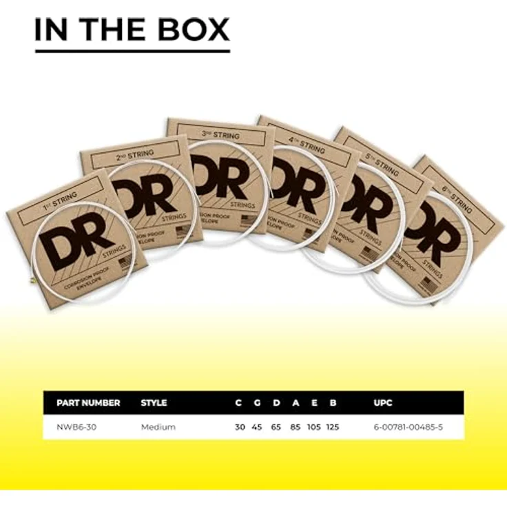 DR Strings Hi-Def Neon Weiß NWB6-30 – E-Bass Saiten Set Medium 30-125, UV-reaktiv, Handmade in USA – Bild 4