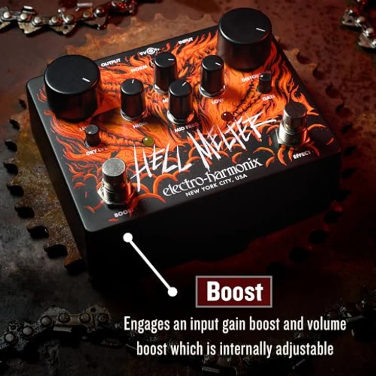 Electro Harmonix Hell Melter Distortion, Overdrive-Pedal für E-Gitarre mit umfassenden Regelmöglichkeiten und Boost-Funktion, made in USA – Bild 7