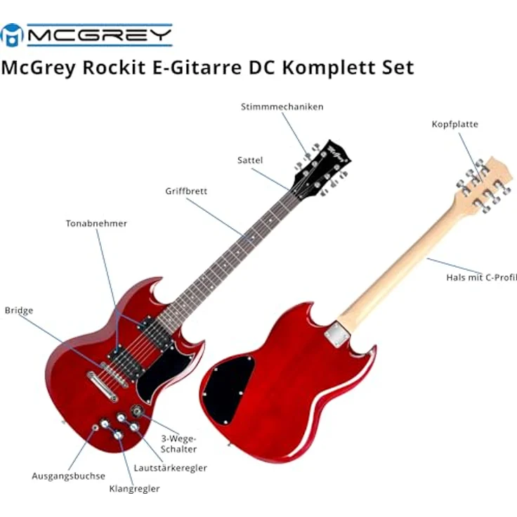 McGrey Rockit Double Cut E-Gitarre Komplettset, 8-teilig mit 10W Verstärker, Cherry Red – Bild 4